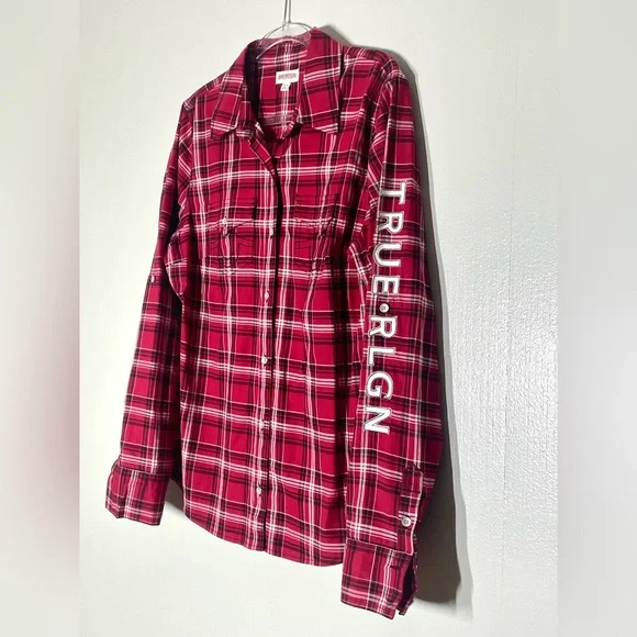 True Religion The Patched Shirt in  Red, black and white Logo long sleeve Sz XL - Picture 2 of 6